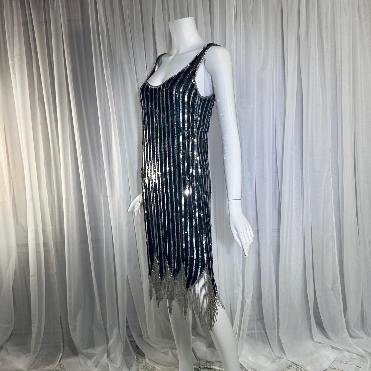LILLIE RUBIN vintage evening cocktail dress, 1980s Black & Silver sequin disco fringe flapper slip dress