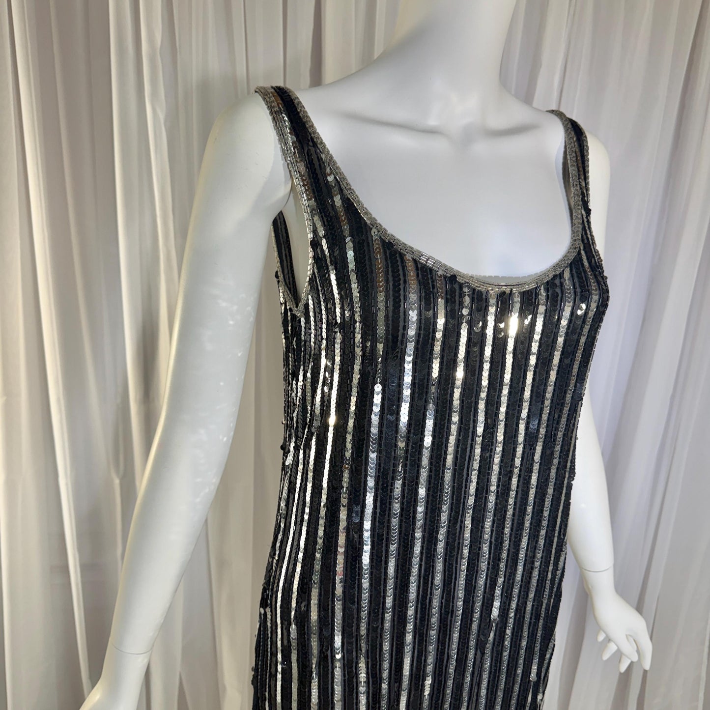 LILLIE RUBIN vintage evening cocktail dress, 1980s Black & Silver sequin disco fringe flapper slip dress