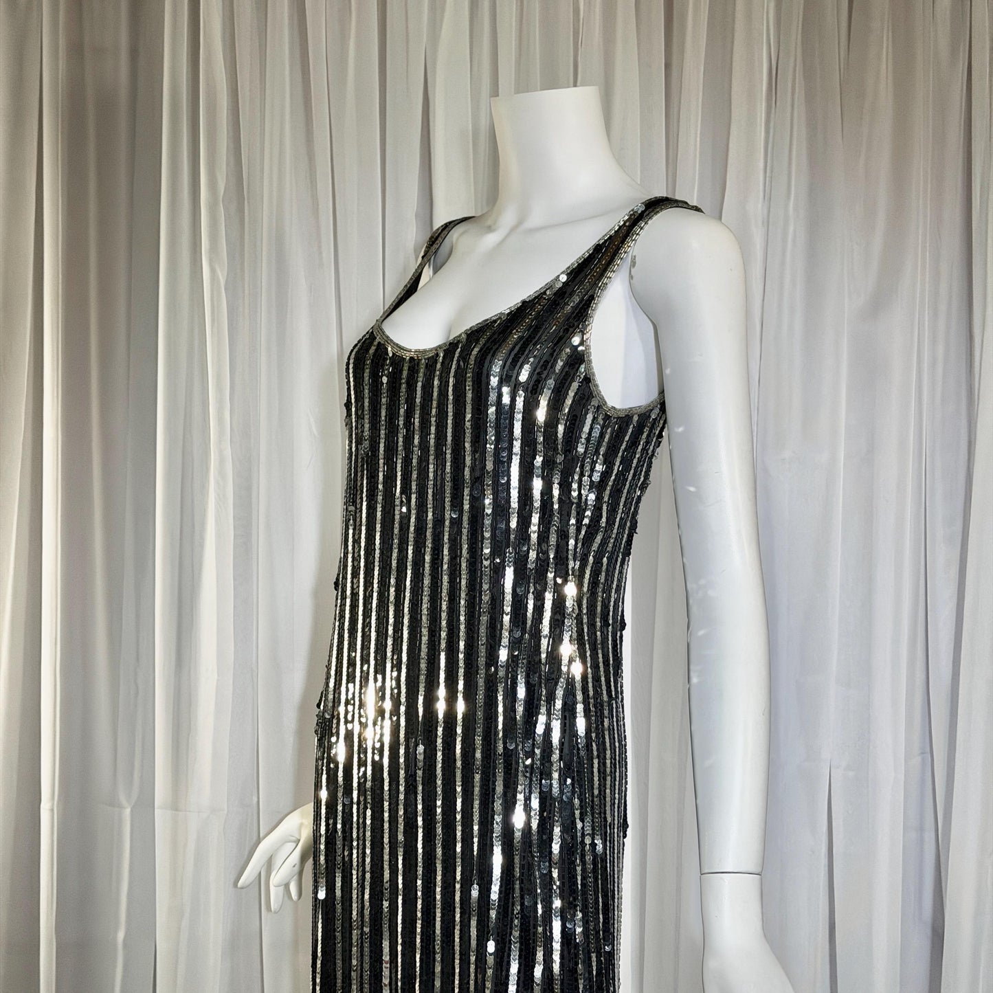 LILLIE RUBIN vintage evening cocktail dress, 1980s Black & Silver sequin disco fringe flapper slip dress