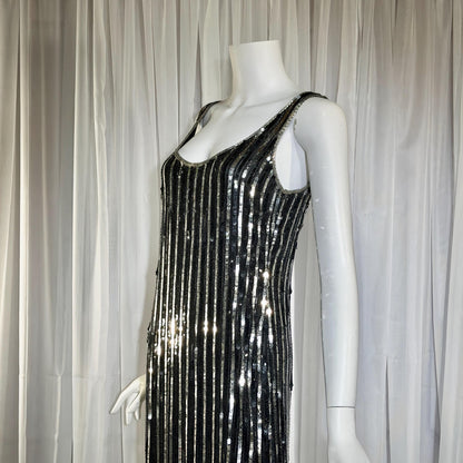 LILLIE RUBIN vintage evening cocktail dress, 1980s Black & Silver sequin disco fringe flapper slip dress