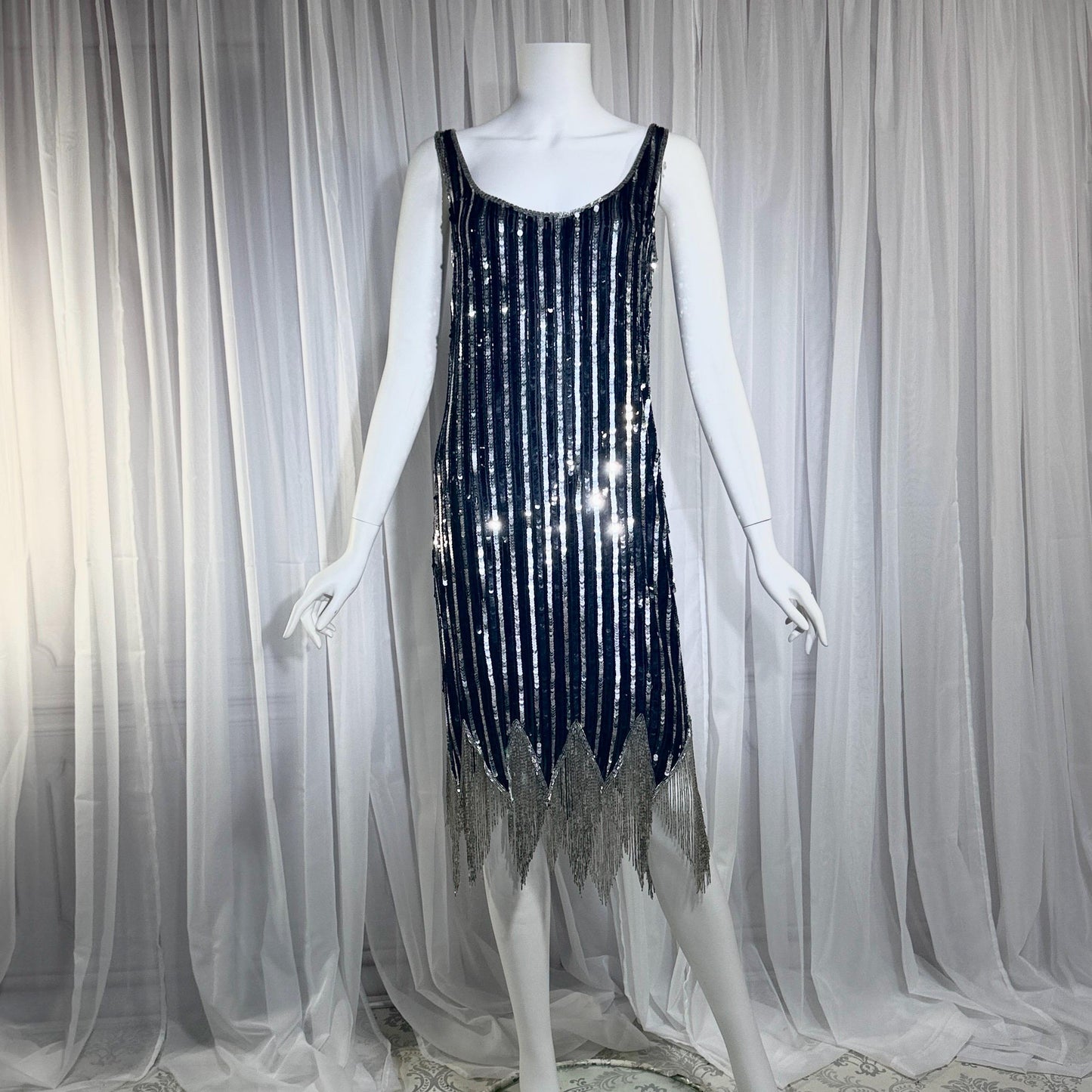 LILLIE RUBIN vintage evening cocktail dress, 1980s Black & Silver sequin disco fringe flapper slip dress