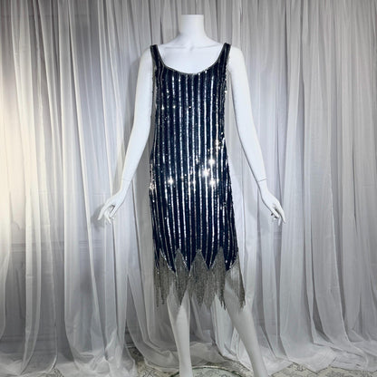 LILLIE RUBIN vintage evening cocktail dress, 1980s Black & Silver sequin disco fringe flapper slip dress