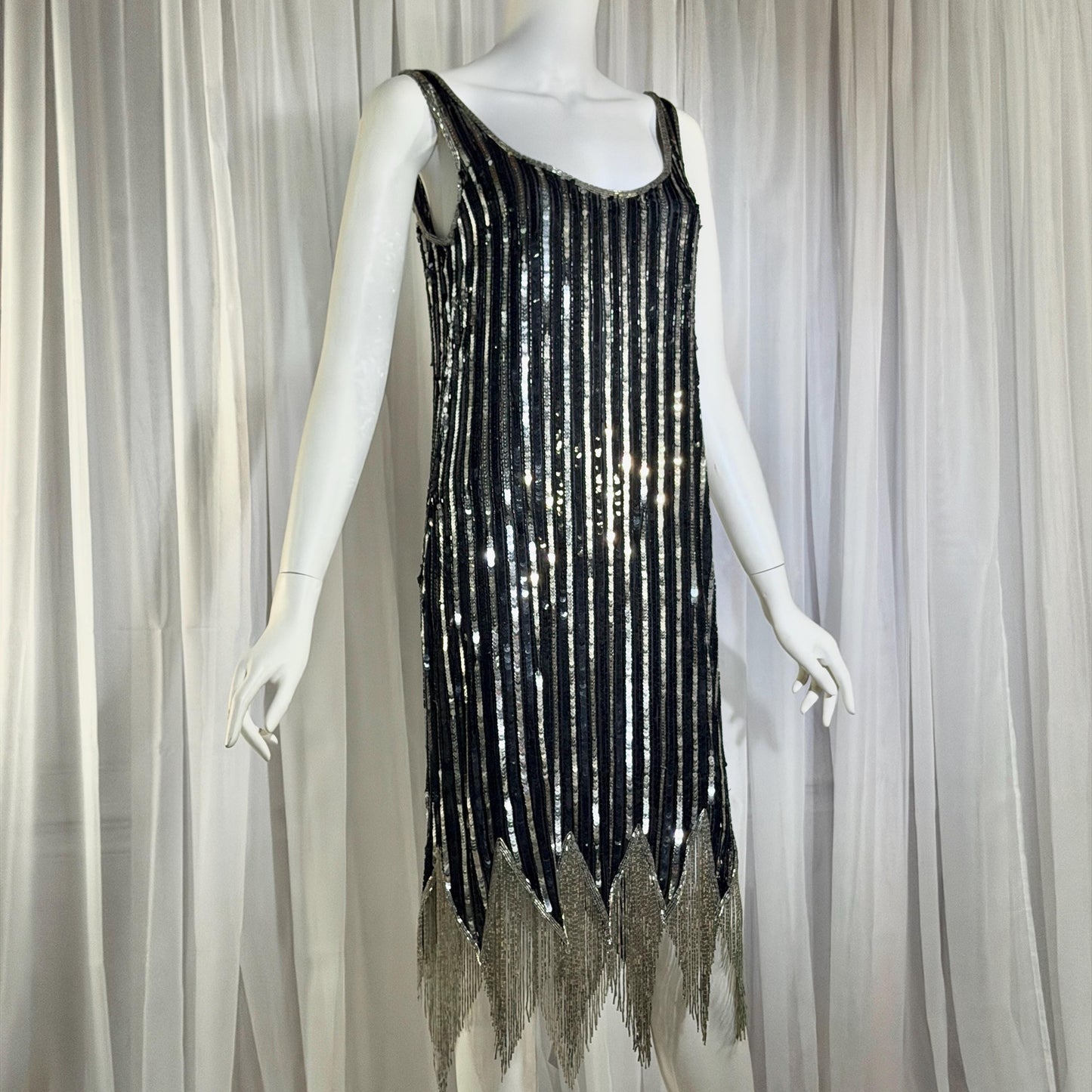 LILLIE RUBIN vintage evening cocktail dress, 1980s Black & Silver sequin disco fringe flapper slip dress