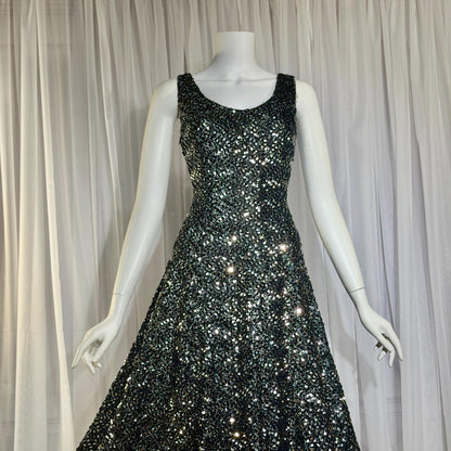 FRANKLIN SIMON Vintage evening dress gown, 1960s black silver sequin flared tank gown Medium