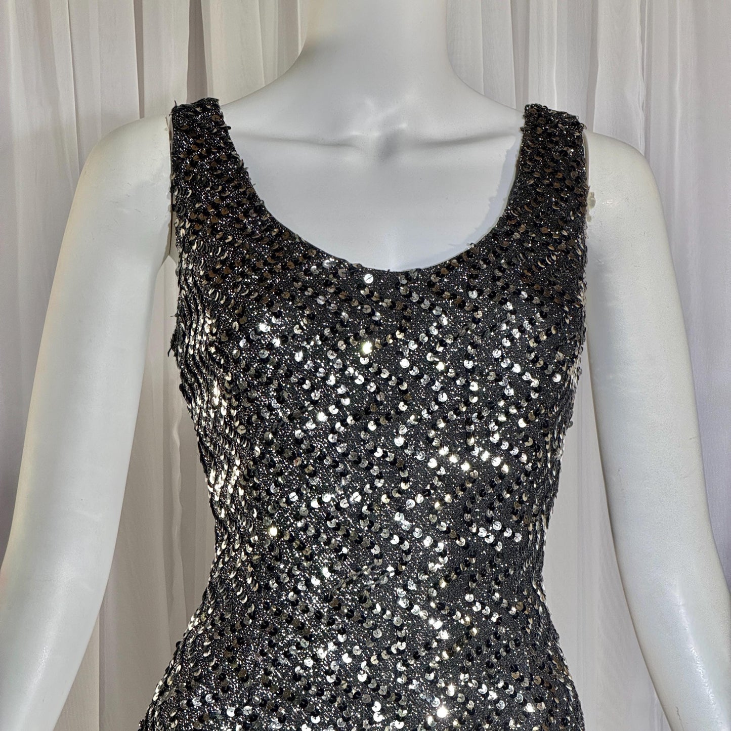 FRANKLIN SIMON Vintage evening dress gown, 1960s black silver sequin flared tank gown Medium