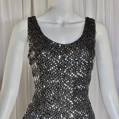 FRANKLIN SIMON Vintage evening dress gown, 1960s black silver sequin flared tank gown Medium