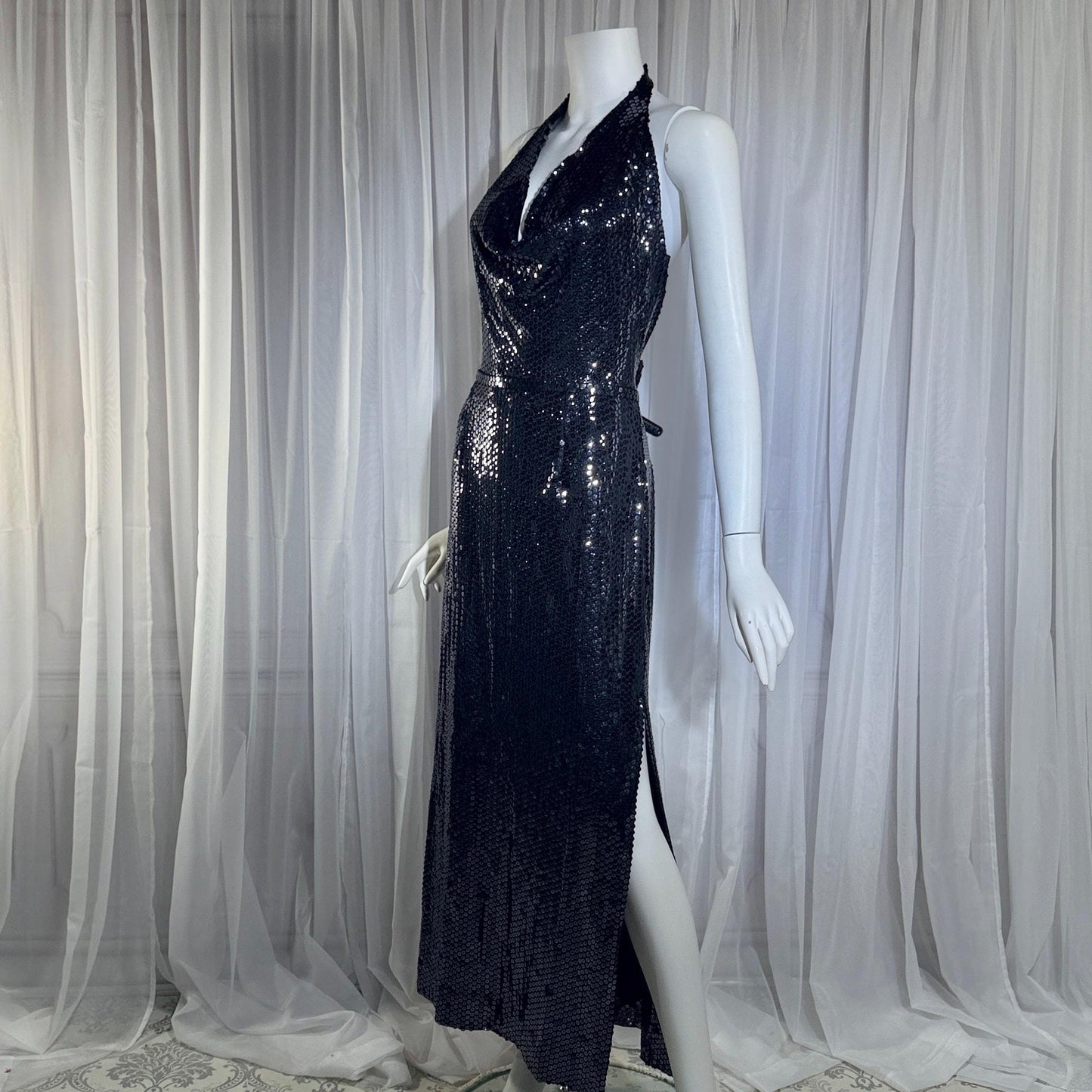 MARSHALL ROUSSO Vintage 1970s evening dress, black sequin disco halter gown, studio 54 disco