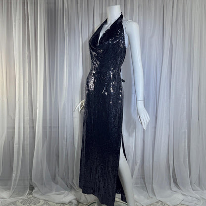 MARSHALL ROUSSO Vintage 1970s evening dress, black sequin disco halter gown, studio 54 disco