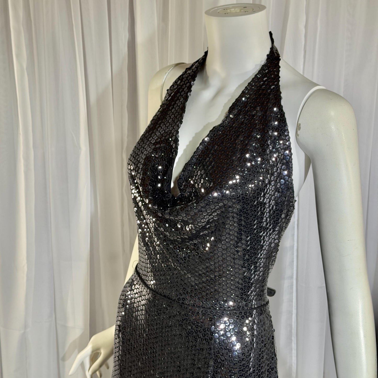 MARSHALL ROUSSO Vintage 1970s evening dress, black sequin disco halter gown, studio 54 disco