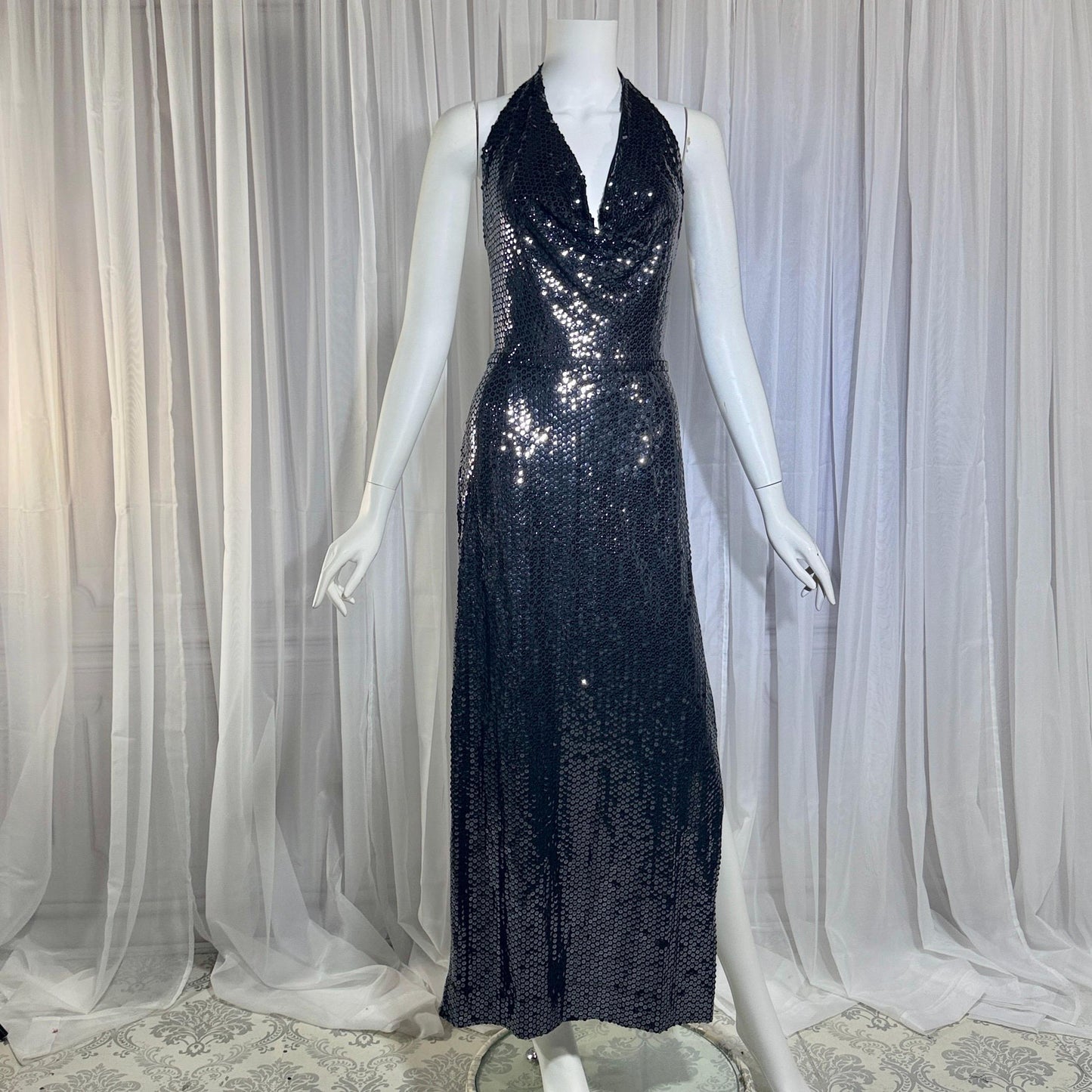 MARSHALL ROUSSO Vintage 1970s evening dress, black sequin disco halter gown, studio 54 disco