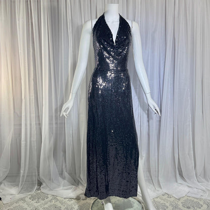 MARSHALL ROUSSO Vintage 1970s evening dress, black sequin disco halter gown, studio 54 disco