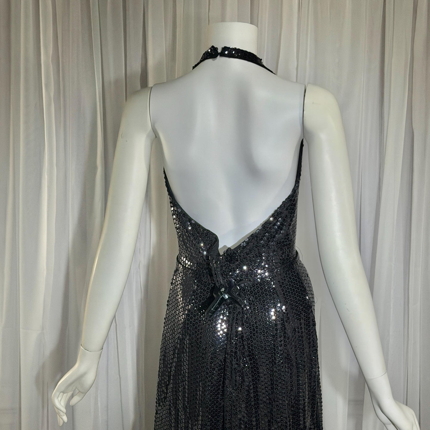 MARSHALL ROUSSO Vintage 1970s evening dress, black sequin disco halter gown, studio 54 disco