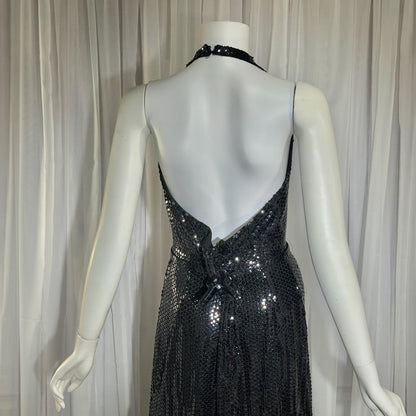MARSHALL ROUSSO Vintage 1970s evening dress, black sequin disco halter gown, studio 54 disco