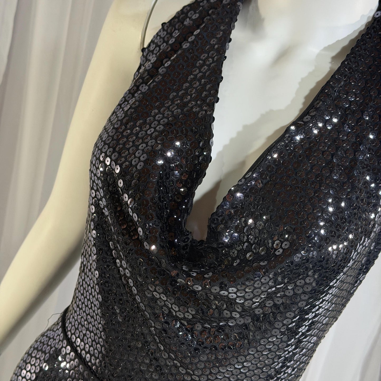 MARSHALL ROUSSO Vintage 1970s evening dress, black sequin disco halter gown, studio 54 disco