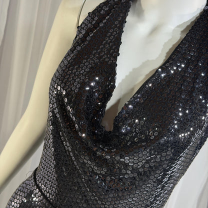 MARSHALL ROUSSO Vintage 1970s evening dress, black sequin disco halter gown, studio 54 disco