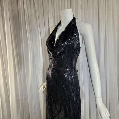 MARSHALL ROUSSO Vintage 1970s evening dress, black sequin disco halter gown, studio 54 disco