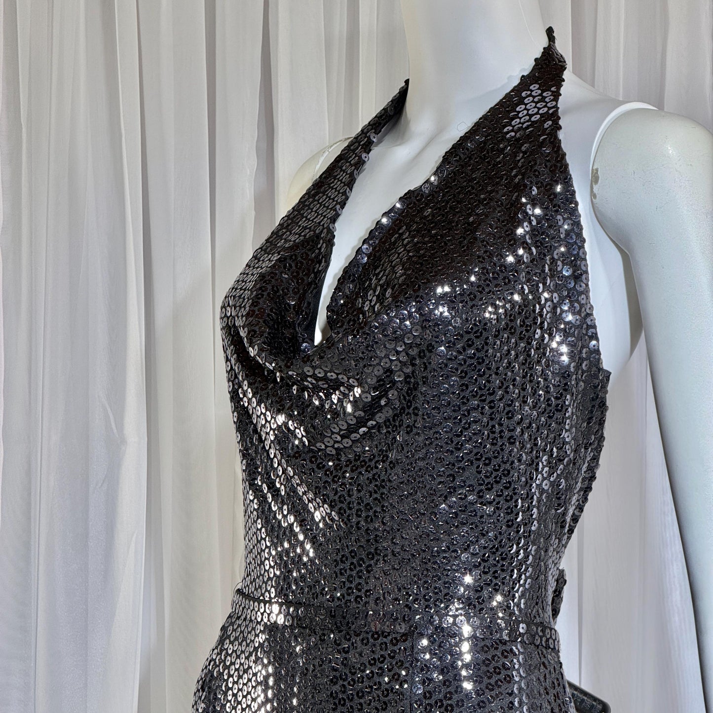 MARSHALL ROUSSO Vintage 1970s evening dress, black sequin disco halter gown, studio 54 disco