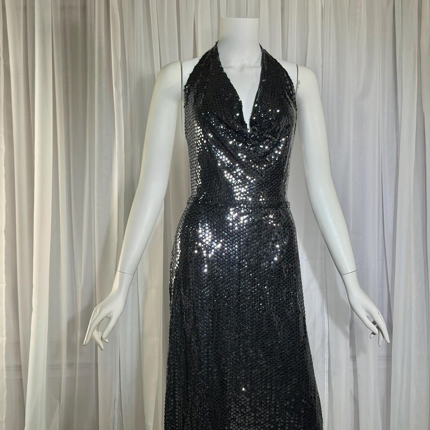 MARSHALL ROUSSO Vintage 1970s evening dress, black sequin disco halter gown, studio 54 disco