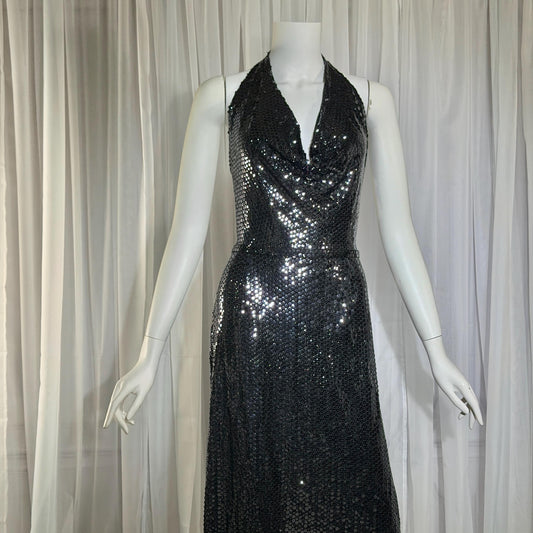 MARSHALL ROUSSO Vintage 1970s evening dress, black sequin disco halter gown, studio 54 disco