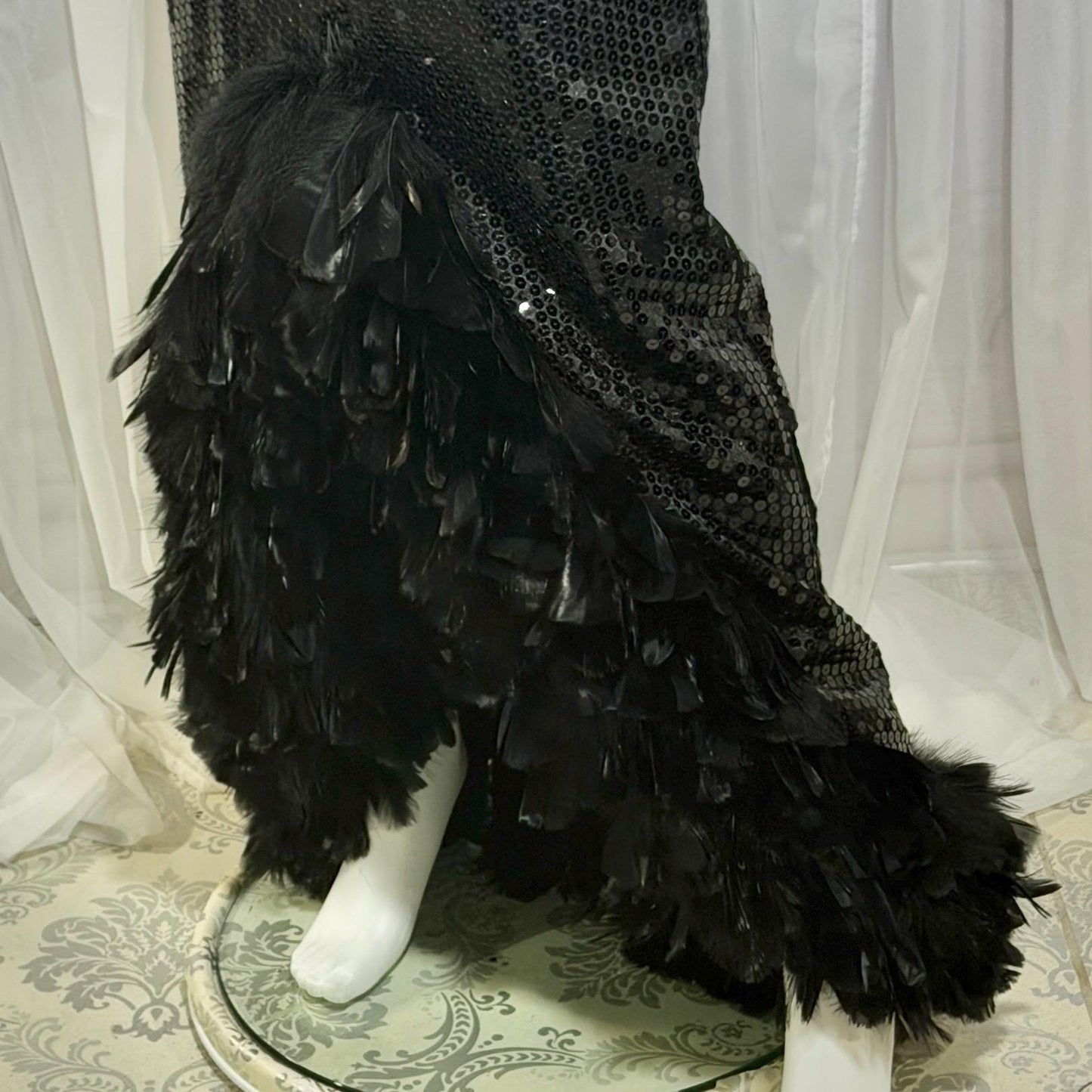 LILLIE RUBIN vintage evening dress gown, 1980s Black Sequin Feather Trim slip gown