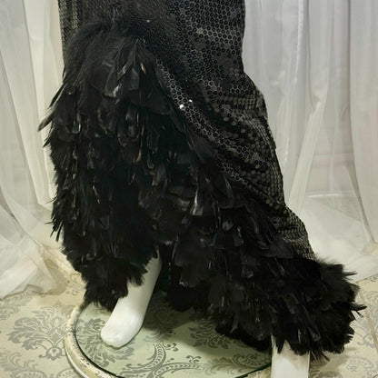 LILLIE RUBIN vintage evening dress gown, 1980s Black Sequin Feather Trim slip gown
