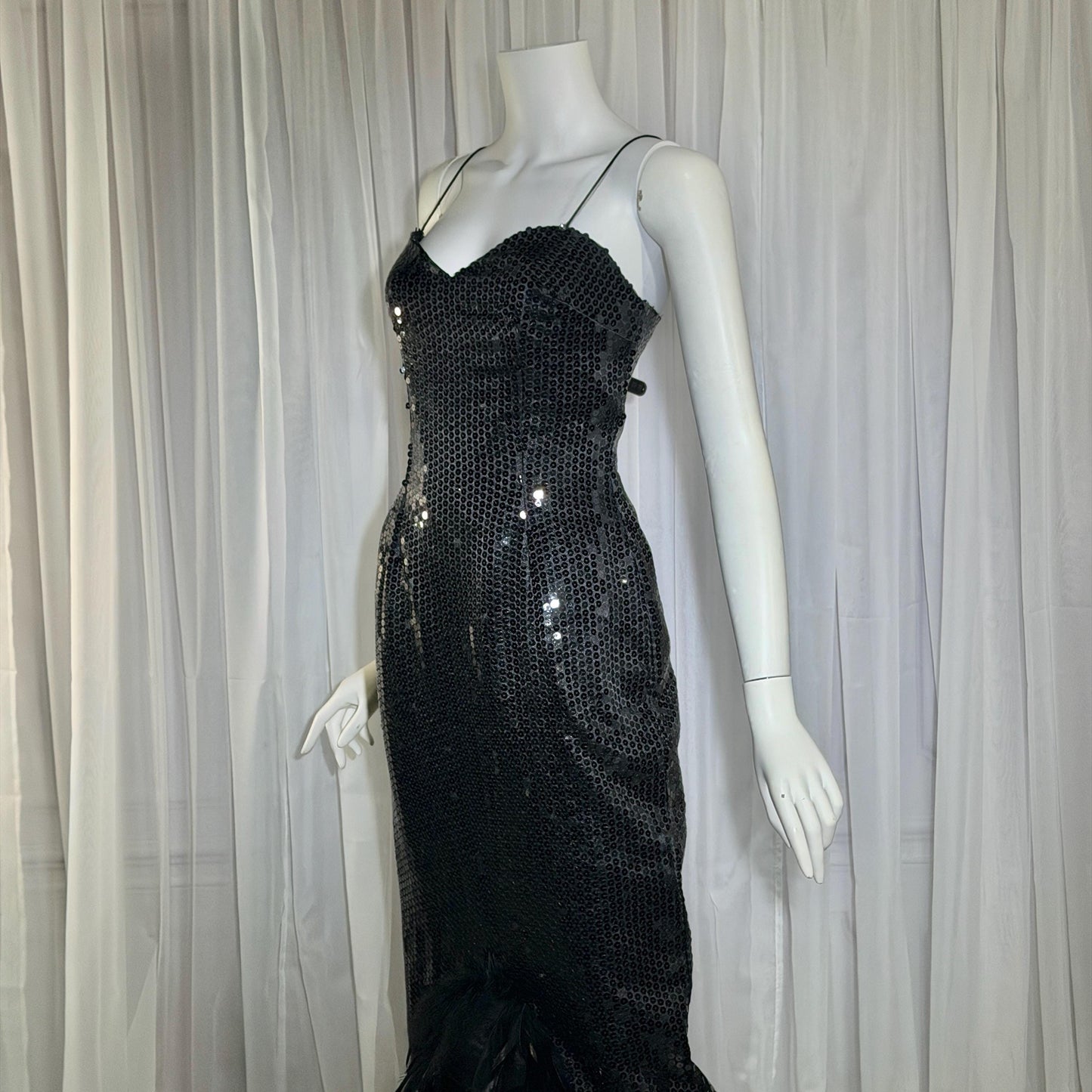 LILLIE RUBIN vintage evening dress gown, 1980s Black Sequin Feather Trim slip gown