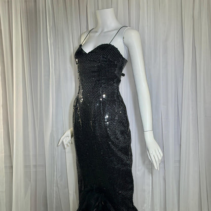LILLIE RUBIN vintage evening dress gown, 1980s Black Sequin Feather Trim slip gown