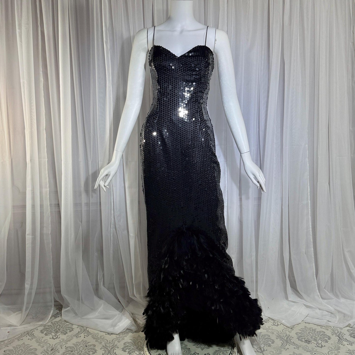 LILLIE RUBIN vintage evening dress gown, 1980s Black Sequin Feather Trim slip gown