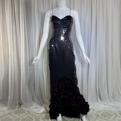 LILLIE RUBIN vintage evening dress gown, 1980s Black Sequin Feather Trim slip gown