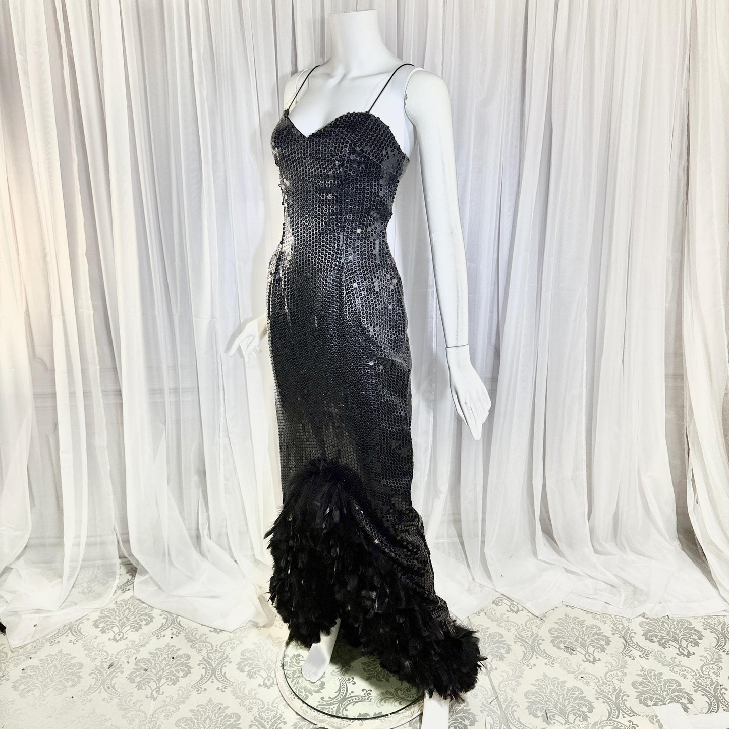 LILLIE RUBIN vintage evening dress gown, 1980s Black Sequin Feather Trim slip gown