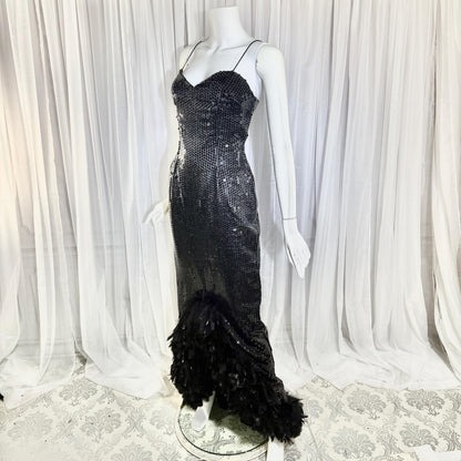 LILLIE RUBIN vintage evening dress gown, 1980s Black Sequin Feather Trim slip gown