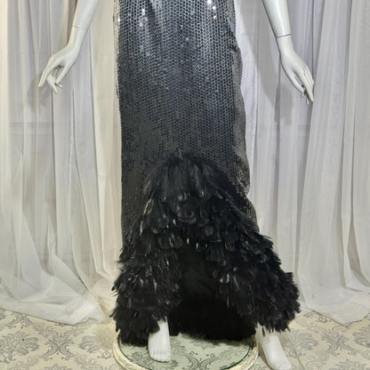 LILLIE RUBIN vintage evening dress gown, 1980s Black Sequin Feather Trim slip gown