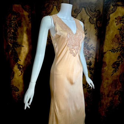 vintage 1930s Peach silk dress, CHAS A STEVENS Chicago bias cut lingerie dress, small