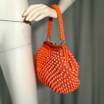 RITTER vintage 1960s handbag purse, Made in Italy neon orange Rafia Beaded top handle frame bag