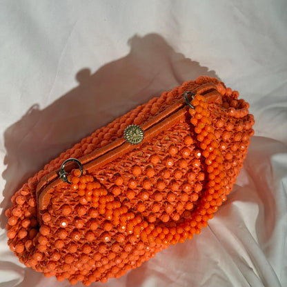 RITTER vintage 1960s handbag purse, Made in Italy neon orange Rafia Beaded top handle frame bag