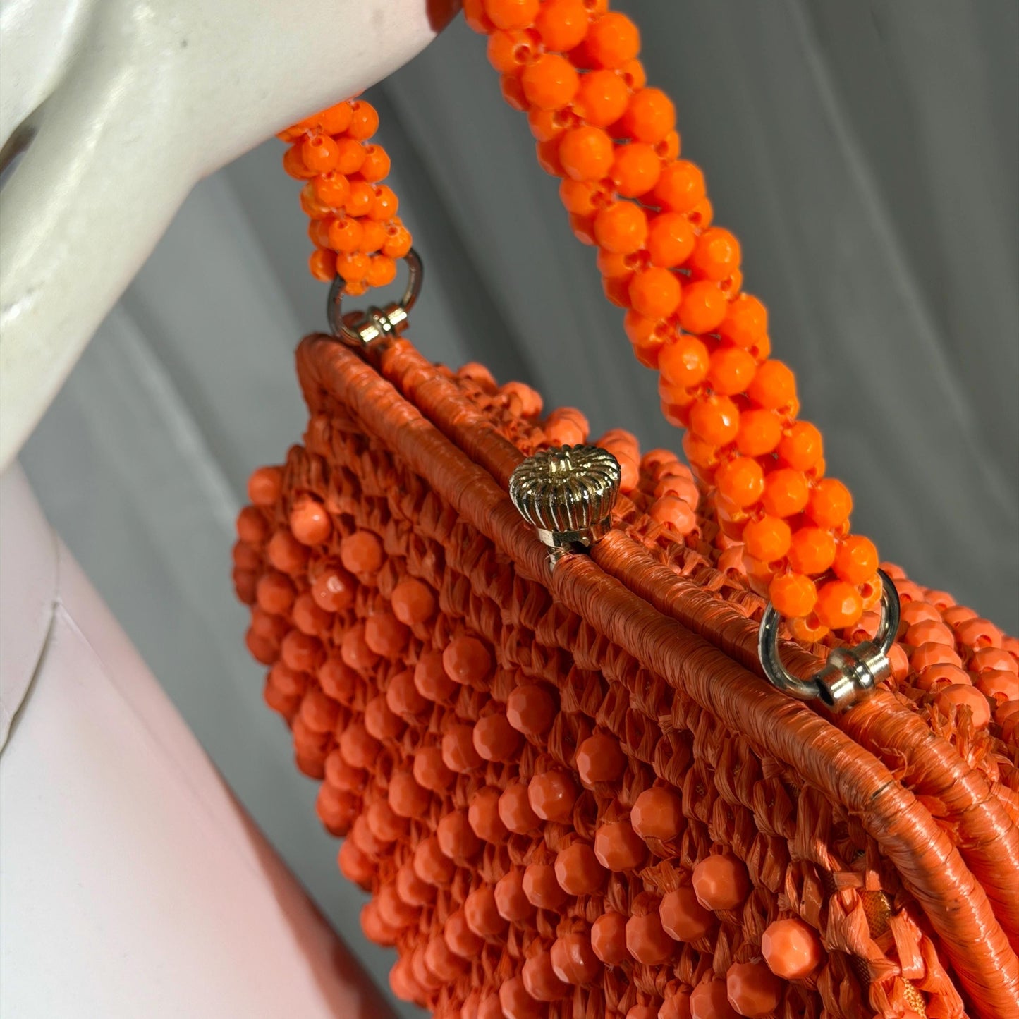 RITTER vintage 1960s handbag purse, Made in Italy neon orange Rafia Beaded top handle frame bag