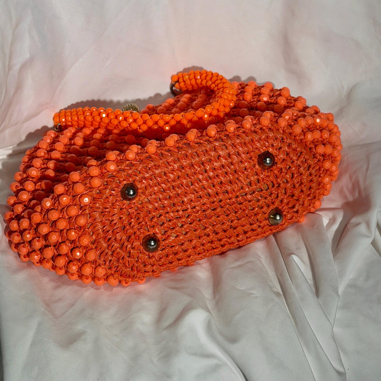 RITTER vintage 1960s handbag purse, Made in Italy neon orange Rafia Beaded top handle frame bag