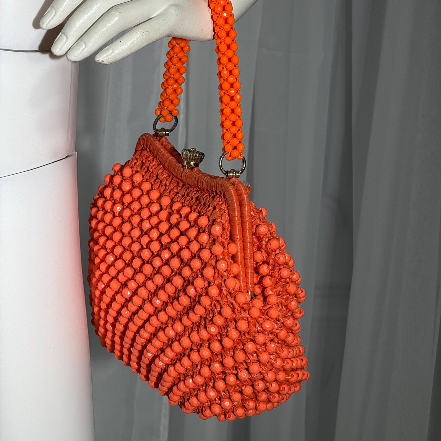 RITTER vintage 1960s handbag purse, Made in Italy neon orange Rafia Beaded top handle frame bag