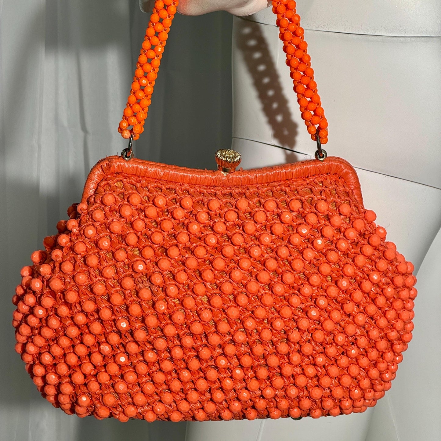 RITTER vintage 1960s handbag purse, Made in Italy neon orange Rafia Beaded top handle frame bag