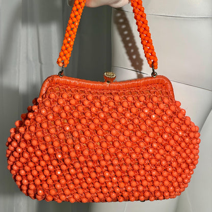 RITTER vintage 1960s handbag purse, Made in Italy neon orange Rafia Beaded top handle frame bag