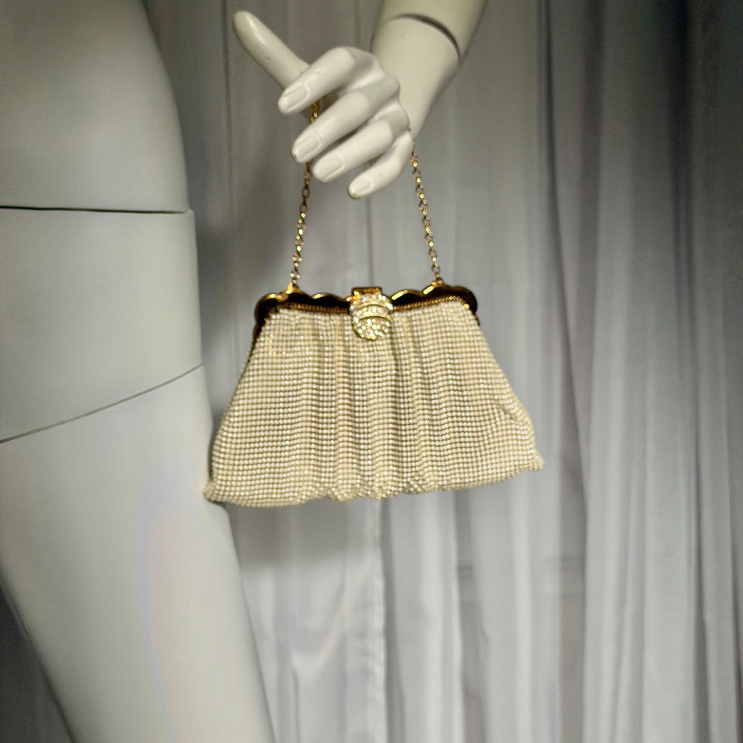 WHITING & DAVIS vintage 1950s evening bag, Mesh Pearly White Bridal purse, Rhinestone dance bag