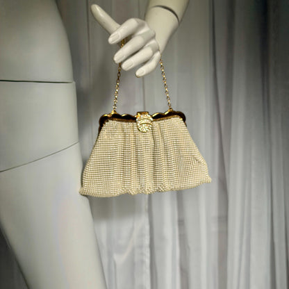 WHITING & DAVIS vintage 1950s evening bag, Mesh Pearly White Bridal purse, Rhinestone dance bag