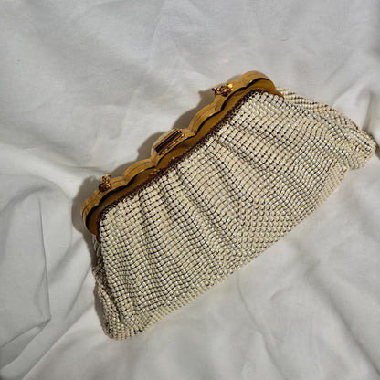 WHITING & DAVIS vintage 1950s evening bag, Mesh Pearly White Bridal purse, Rhinestone dance bag