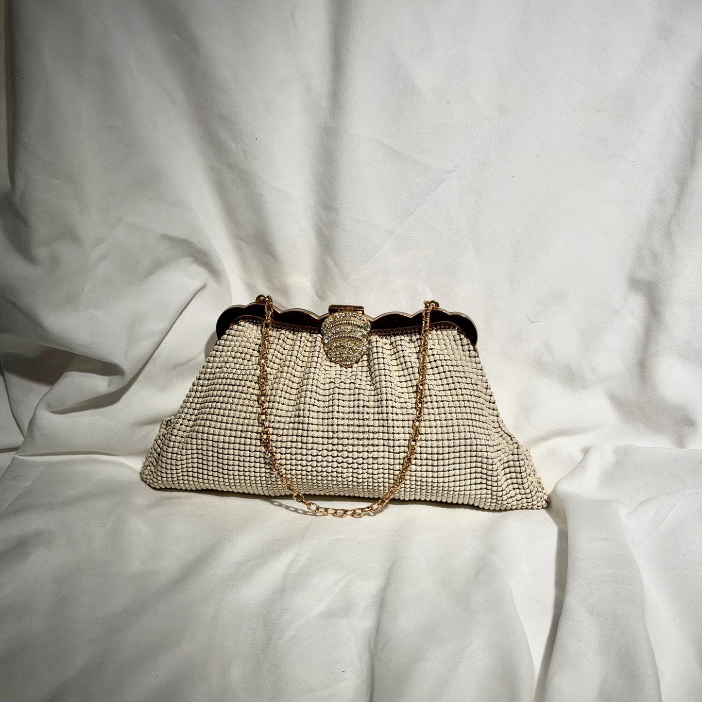 WHITING & DAVIS vintage 1950s evening bag, Mesh Pearly White Bridal purse, Rhinestone dance bag