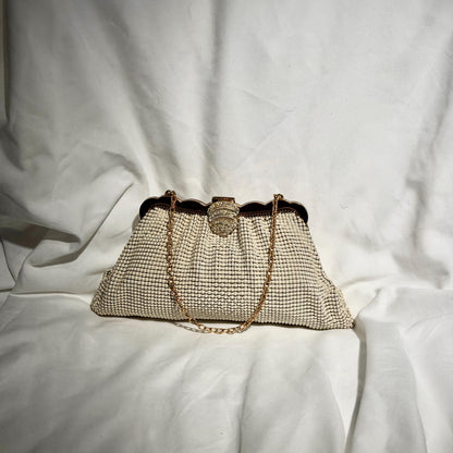 WHITING & DAVIS vintage 1950s evening bag, Mesh Pearly White Bridal purse, Rhinestone dance bag