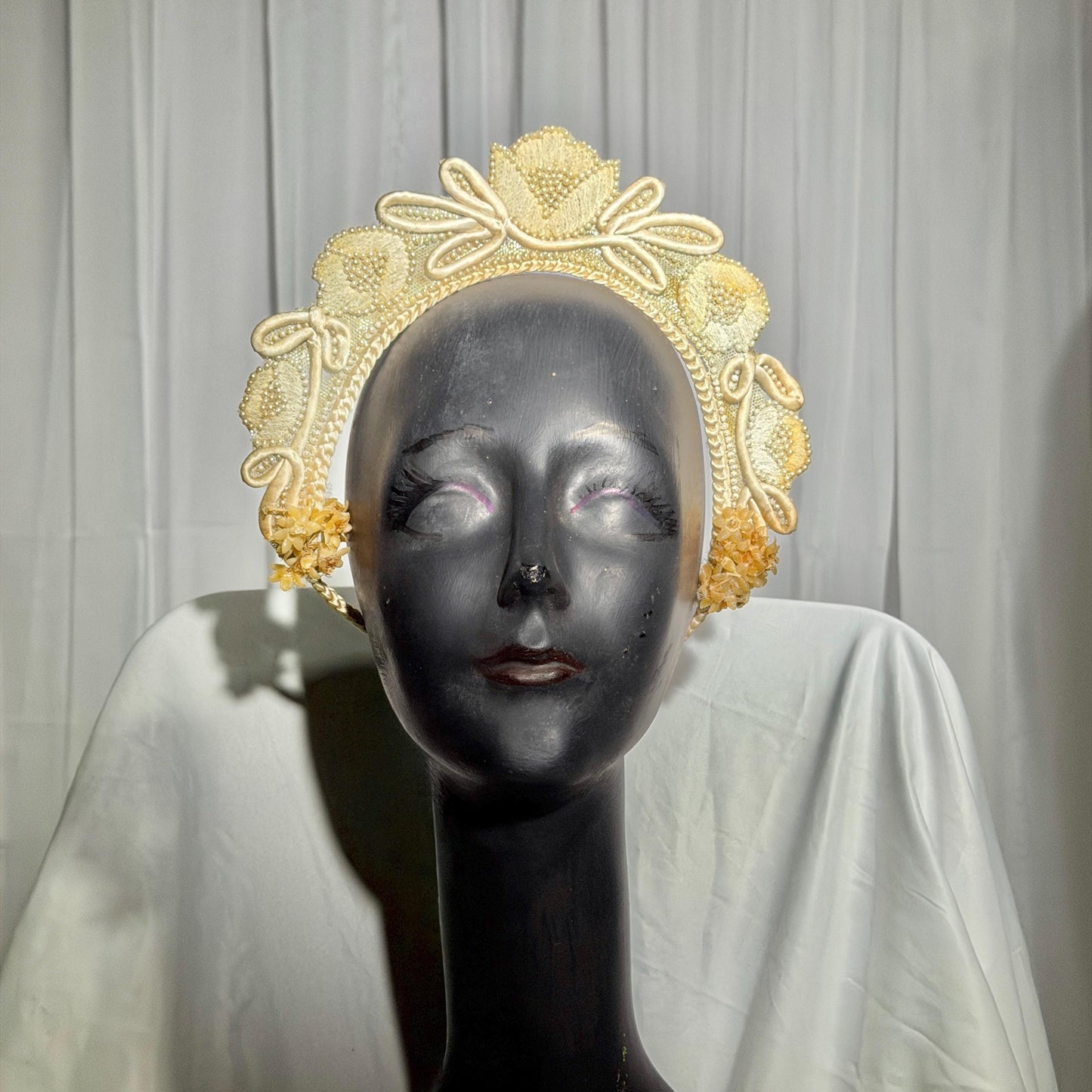 1920s vintage bridal crown tiara, white seed pearl and lace antique wedding head piece, wax flowers