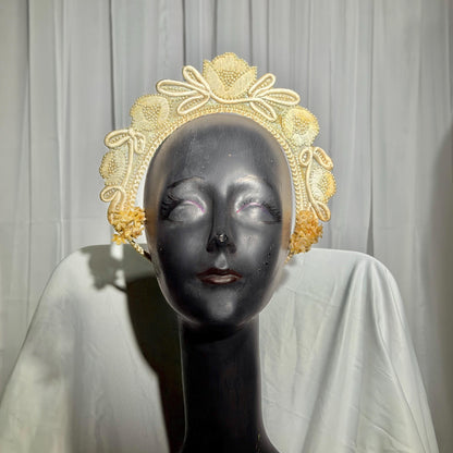 1920s vintage bridal crown tiara, white seed pearl and lace antique wedding head piece, wax flowers