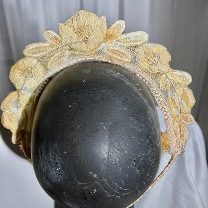 1920s vintage bridal crown tiara, white seed pearl and lace antique wedding head piece, wax flowers