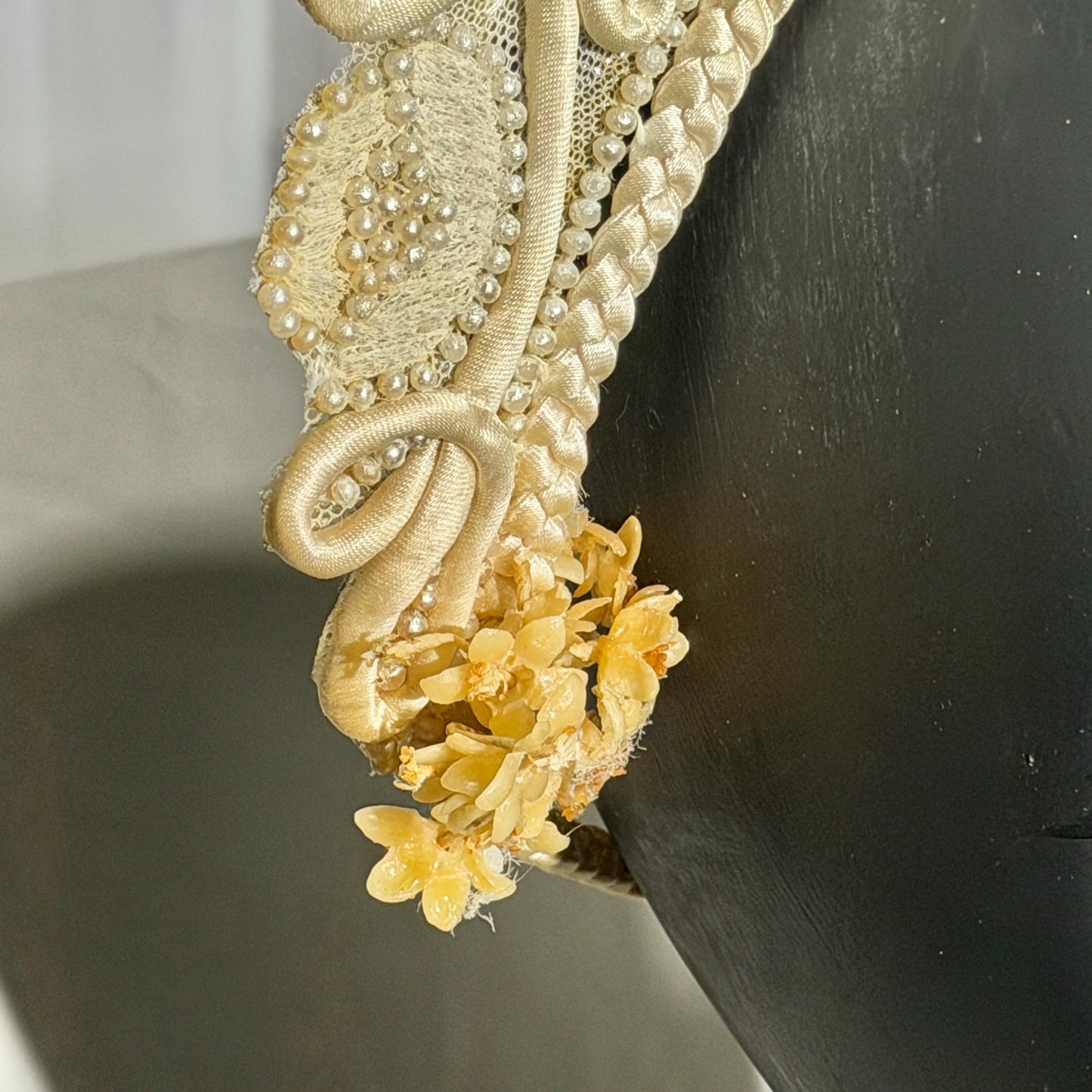 1920s vintage bridal crown tiara, white seed pearl and lace antique wedding head piece, wax flowers