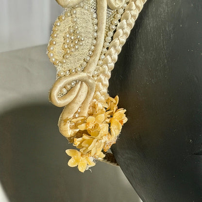 1920s vintage bridal crown tiara, white seed pearl and lace antique wedding head piece, wax flowers